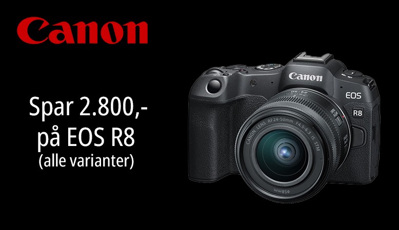 Spar 2.250,- kr. p&aring; Canon EOS R8 - alle varianter.